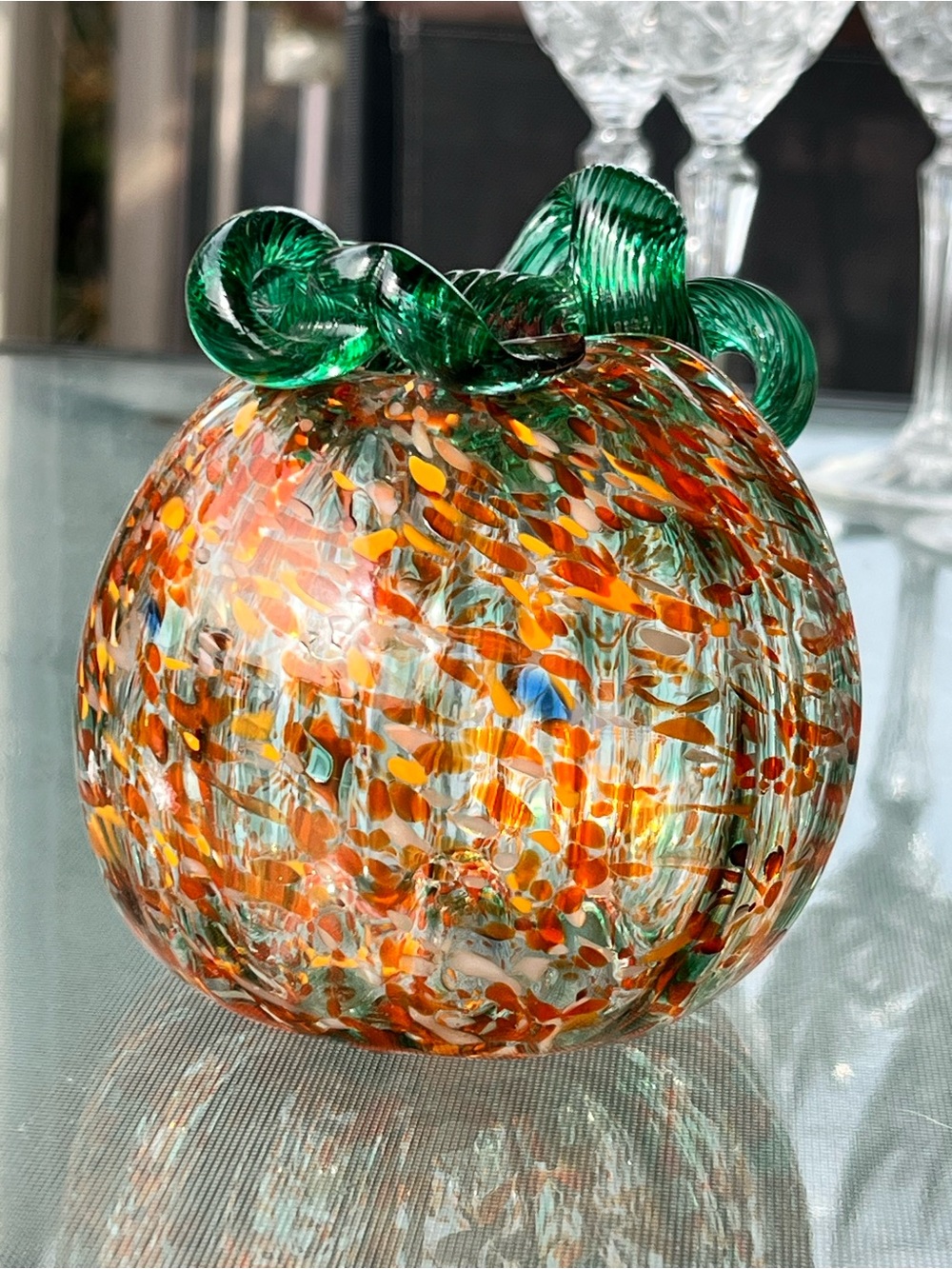 Handblown Glass Pumpkin Sculpture in Orange and Green